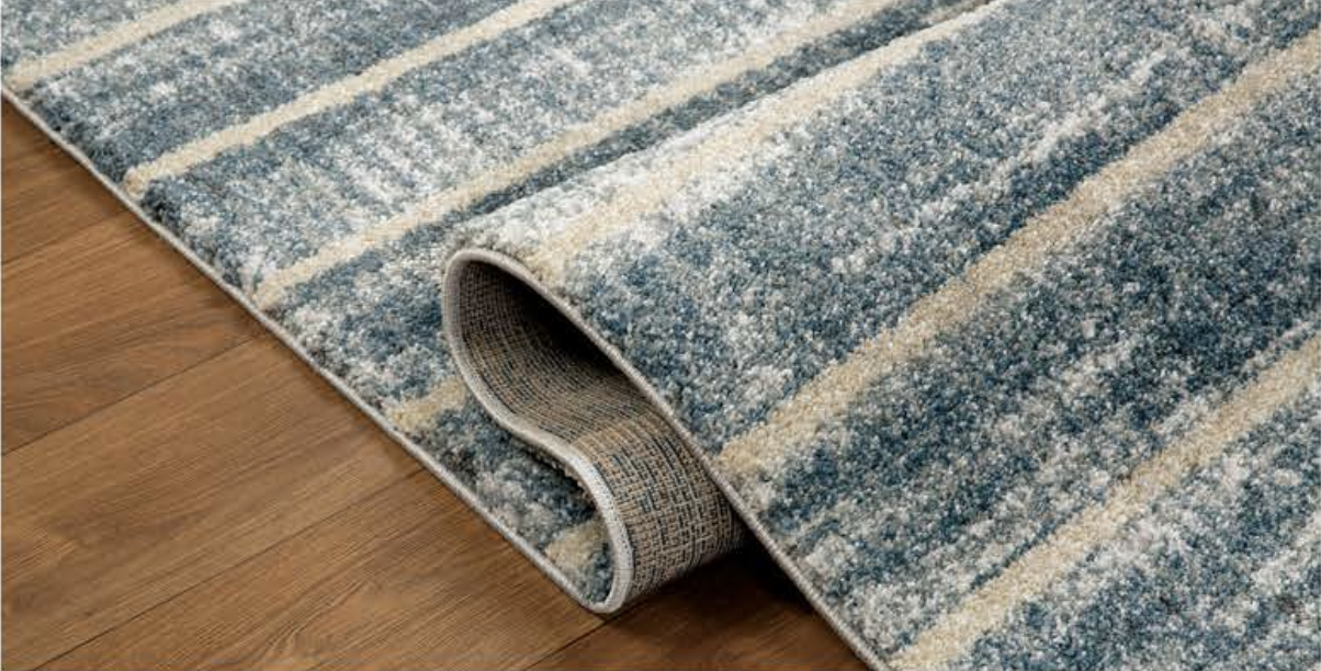 Mahsa Collection Striped Modern Rug in Blue and Cream – Subtle Contemporary Design- Rugs Direct 